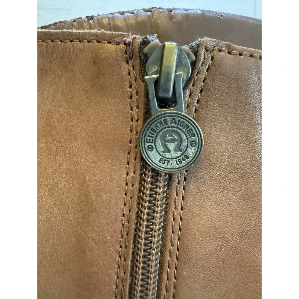 Etienne Aigner Womens Leather Tall Riding Boots Tan Sz 9 M‎ Zip Close Block Heel